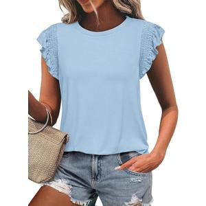 KIRUNDO Womens Summer Tops 2025 Trendy Ruffle Cap Sleeve Casual T Shirts Crewneck Basic Tee Cute Blouses Clothing(Light Blue, XX-Large)