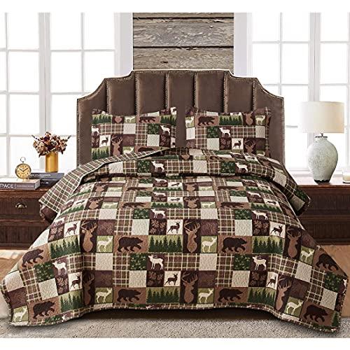 Oliven Reversible Lodge Plaid Bedding Moose Bear Quilt King Size Rustic Bedspread Cabin Coverlet Wildlife Forest Daybed Cover Summer Lightweight Bed Cover Pillow Shams