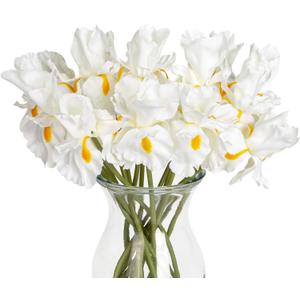 Hollyone Iris Artificial Flowers 15Pcs Faux Iris White Flowers 14.2" Real Touch Fake Flowers Picks Bouquets for Wedding Bridal Home Arrangements Office Table Centerpieces Decor