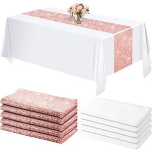 Shimeyao 10 Pcs Rose Gold Table Runner and Tablecloth White Rectangle 54 x 108 Inch Table Cover Sequin 12 x 108 Inch Runners Disposable Plastic Tablecloth for Wedding Baby Shower Birthday