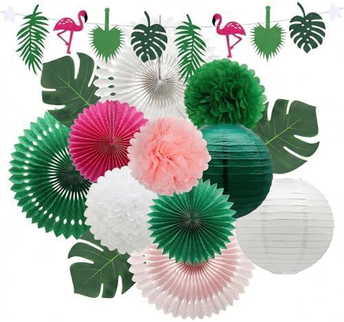 14 Pcs Tropical Party Decorations Set - Pre-Strung Flamingo Banner, Paper Fans, Lanterns & Palm Leaves - Hawaiian Themed Luau Party Decorations for Summer Beach, Pool & Birthday