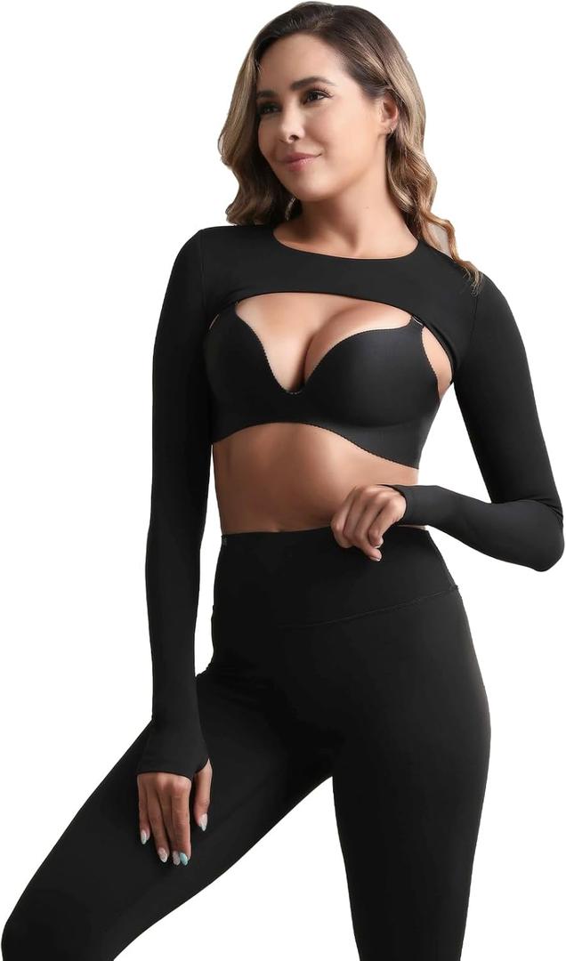 Hiball Workout Bolero Shrug Crop Top Long Sleeve Women, Sports Shrug Cropped Shirts, Cooling Shawl Arm Sleeves (Black, L)