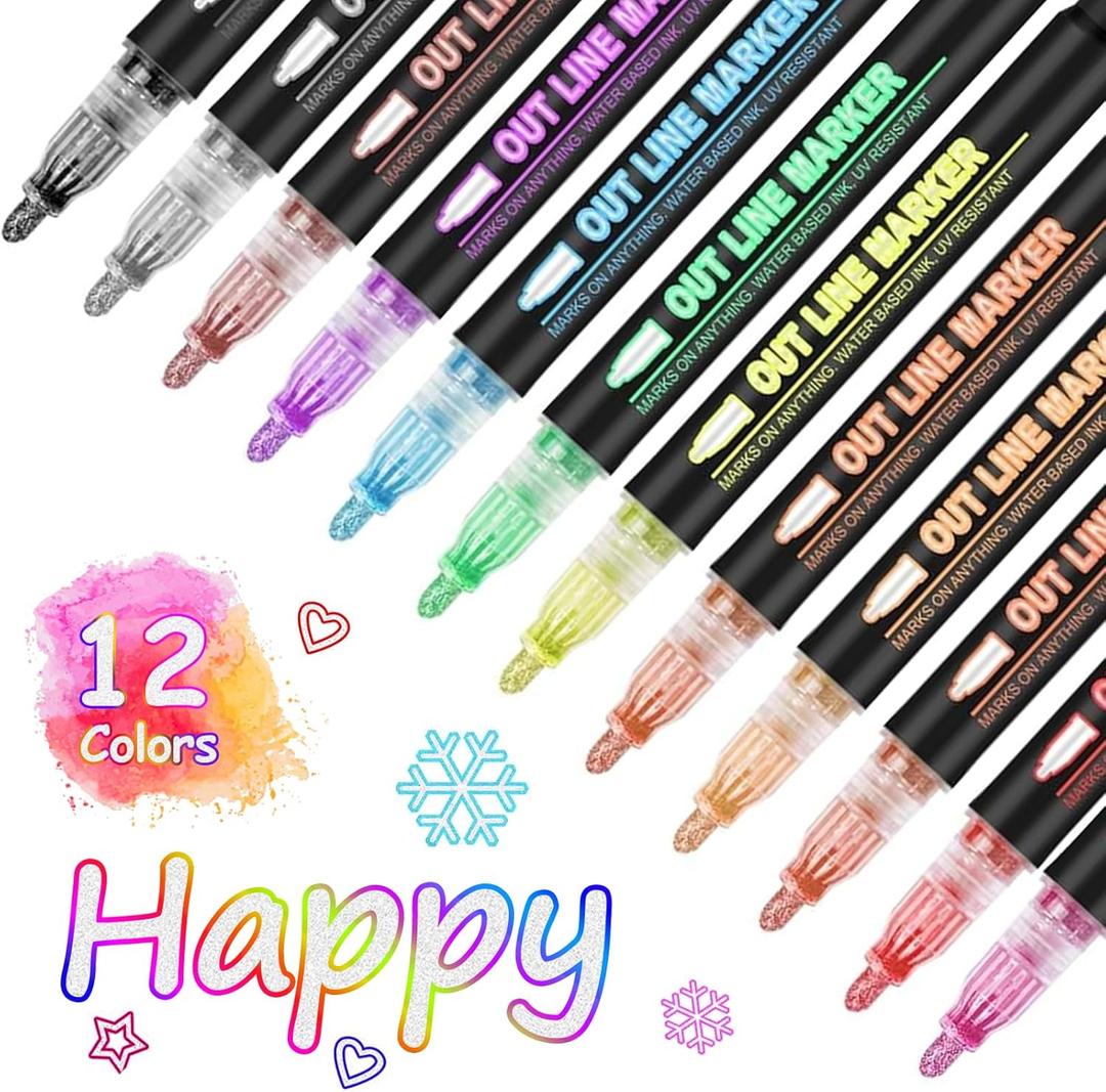 Outline Marker Self-outline Metallic Markers, 12 Colors Squiggles Shimmer Outline Markers Pen Set for Drawing Art School Supplies, Glitter Pen Set for Cards Lettering, Gift for 4-12 Year Old Girl