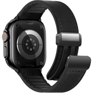 Magnetic Leather Bands Compatible with Apple Watch 49mm 46mm 45mm 44mm 42mm(Series 3/2/1) for Men Women, Genuine Leather with Magnetic Buckle for iWatch Ultra 1/2 Series SE/10/9/8/7/6/5/4/3