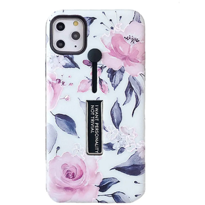 Compatible with iPhone 11 Pro Case Finger Grip,3D Embossed Pink Flowers White Shell Design,Rugged Shockproof Slim Fit Dual Layer Finger Ring Loop Strap Case,Invisible Bracket Phone case