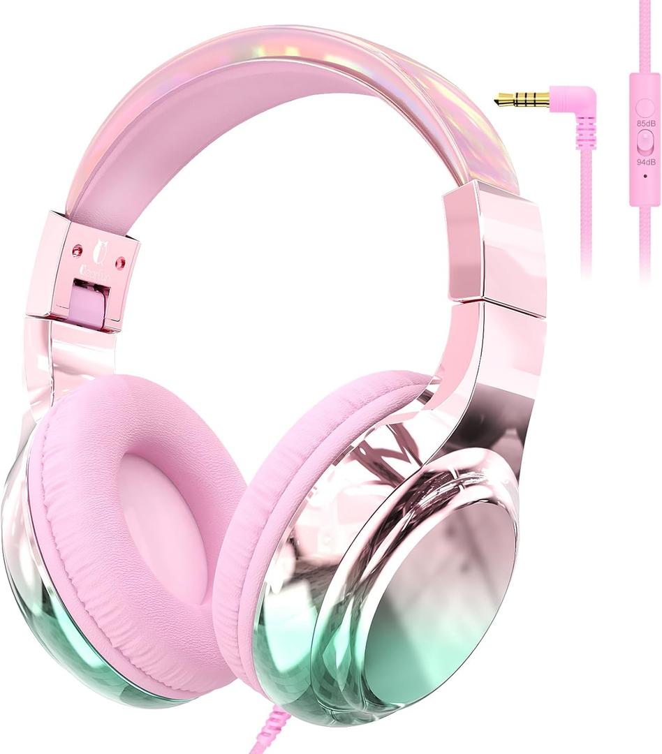 QearFun Kids Headphones Wired with Mic, 85/94dB Safe Volume Limit, Foldable Over Ear, Tangle-Free Cord & Sharing Port, Wired On-Ear Headset for School, Chromebook, Tablet, Travel - Boys & Girls (Pink aurora)