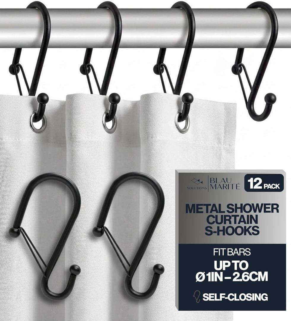 Set of 12 Black Metal S Hook Shower Hooks 1  Closed, Heavy Duty, Long Decorative Shower Curtain Hooks, Easy Glide, Buckle, Large Rust Resistant Rings for Bathroom Rods (Black, S)