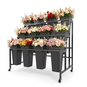 GAOWFEH Three-Tier Heavy Duty Metal Flower Bar Stand, Flower Cart Display Stand, Multi-Purpose Flower Display Stand with 12 Flower Buckets and Wheels for Florist Shop, Wedding Decor