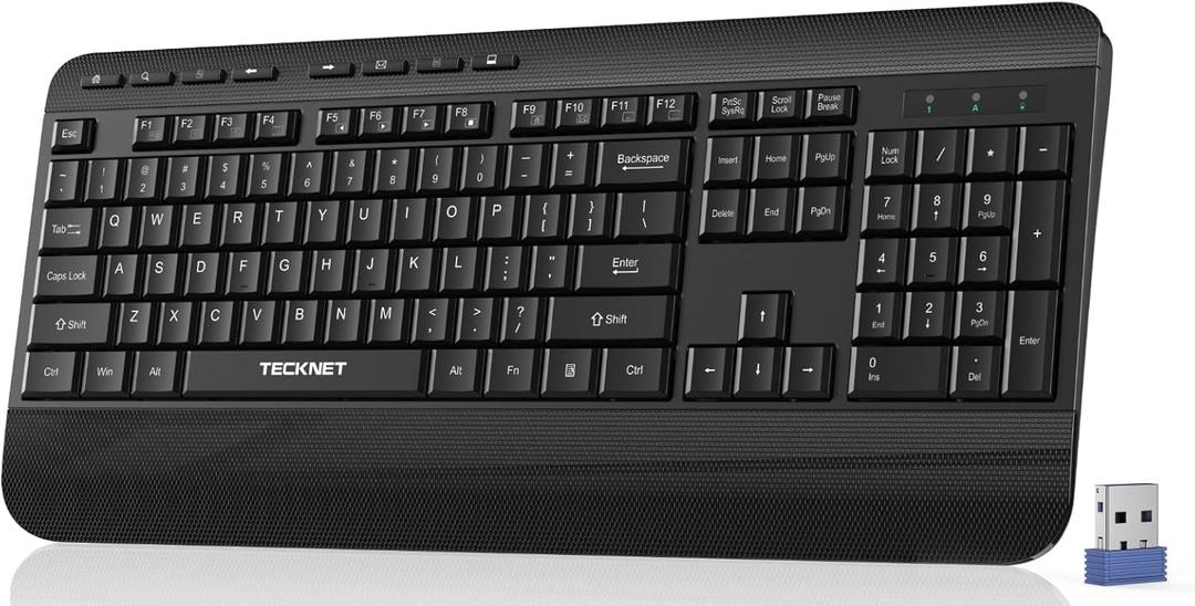 TECKNET Ergonomic Wireless Keyboard for Laptop, 2.4G USB Silent Computer Keyboard with Comfortable Palm Rest & Adjustable Feet Stand for Desktop, PC, Notebook, Surface and Windows, Full Size Layout (Black)