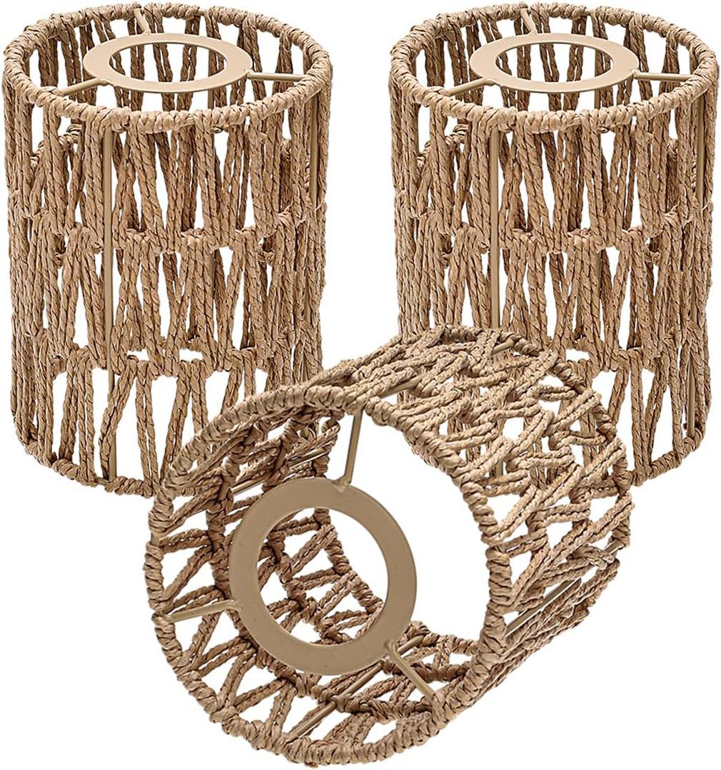 3 Pack Rattan Lamp Shade Small, Boho Mini Lamp Shades Replacement, Vintage Hanging Light Shades, Cylinder Woven LampShades for Floor Lamps Pendant Light Chandelier Wall Sconces Light Fixture Shades (Standard)