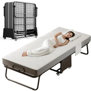 Deluxe Folding Bed with Mattress with 5-inch Memory Foam Mattress on Rollers for Easy Storage with Metal Frame and Bed Side Pockets (75"31")
