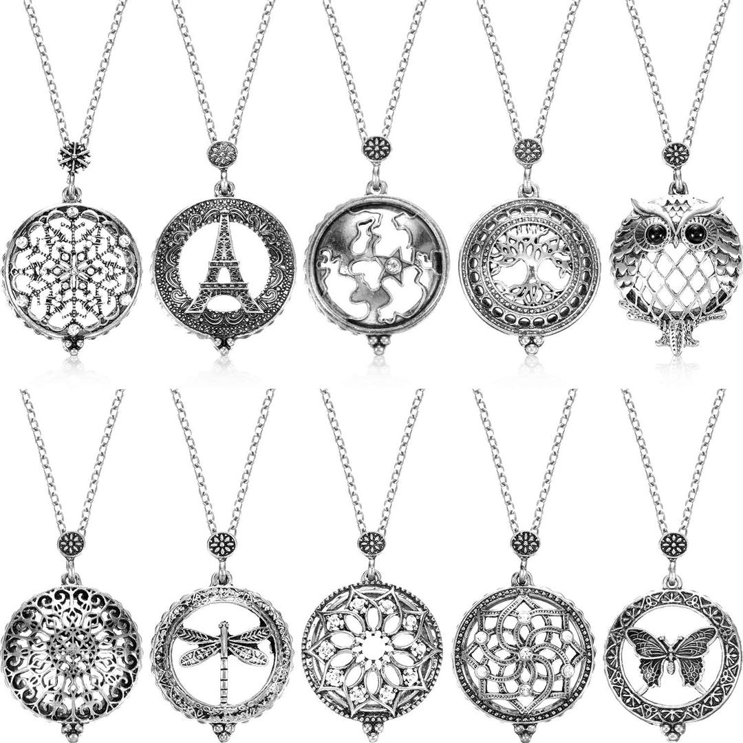Hicarer 10 Pieces Magnifying Glass Long Necklace with Reading Magnifying Glass Pendant Owl Butterfly Portable Gift (Antique Silver)