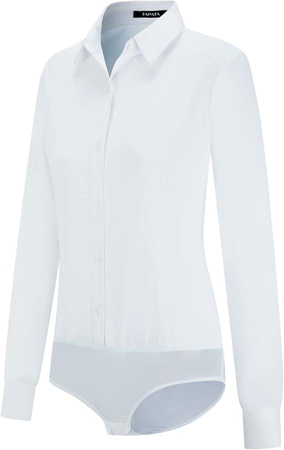 Tapata Womens Bodysuit Blouse Button Down One-Piece Long Sleeve Solid Office Work Shirt Casual Tops Size L White Tapata Womens Bodysuit Blouse Button Down One-Piece Long Sleeve Solid Office Work Shirt Casual Tops Size L White