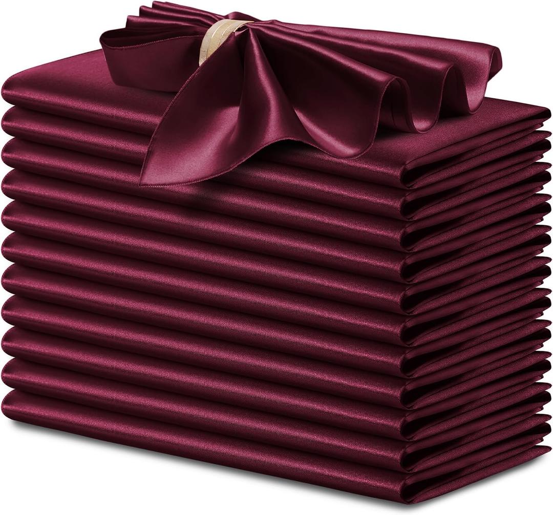 P Pothuiny 12 Pcs Silky Burgundy Satin Napkins 17 x 17 Inches, Square Smooth Wedding Dinner Napkins Satin Cloth Napkins Table Napkins for Banquet Party Restaurant Decor, Thanksgiving, Christmas