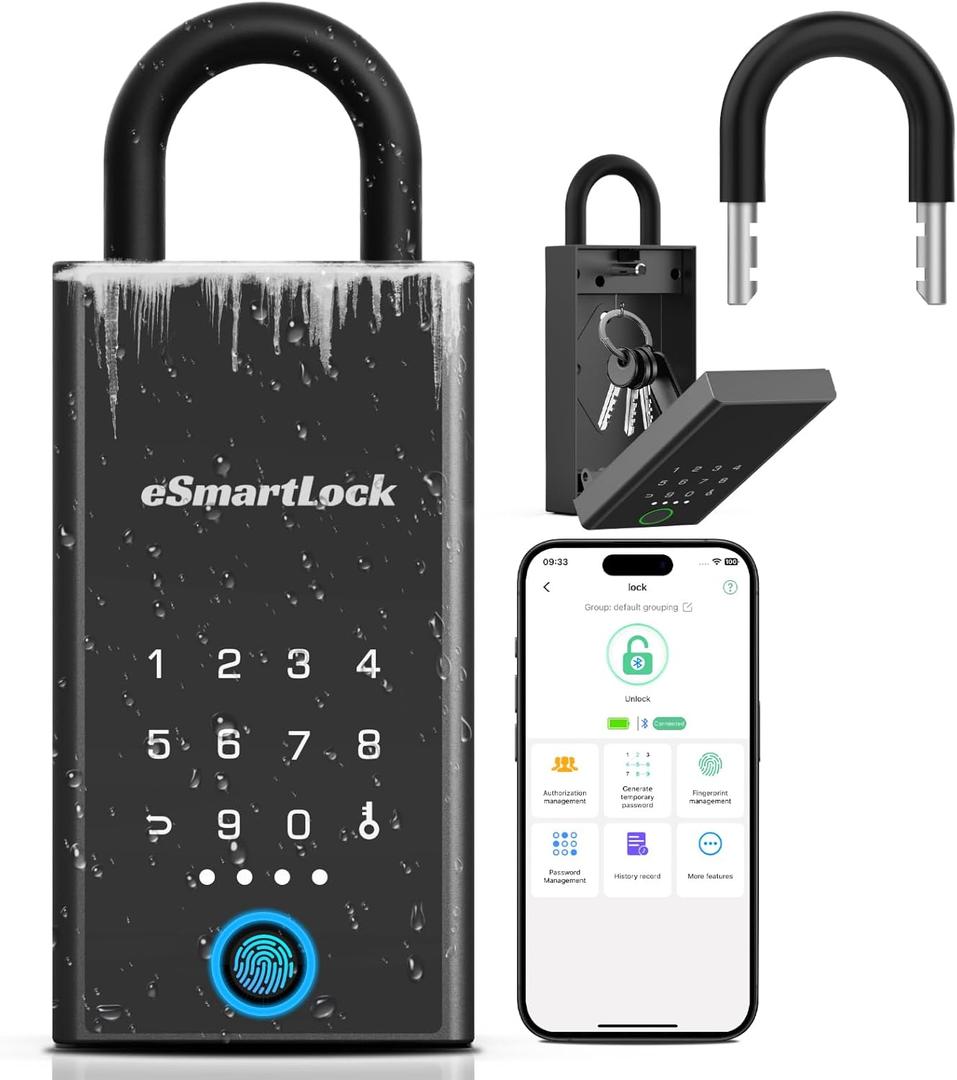 Fingerprint Key Lock Box with Code, Wireless Digital Lock Box with Bluetooth APP Control, Large Waterproof Key Hider for Airbnb Storage Unit Outdoor Wall Home Office Warehouse Realtor