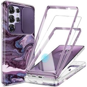 GVIEWIN for Samsung Galaxy S25 Ultra Case, [Slide Camera Cover & Built-in HD Screen Protector] [2 Front Frames] Shockproof Military Grade Protective Marble Phone Case 6.9" (Quicksand/Purple)