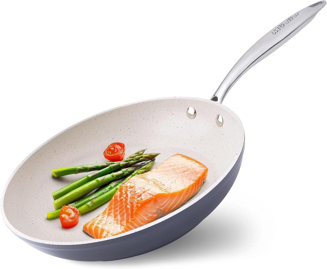 Mueller Frying Pan, Heavy Duty German Stone Coating Non Stick Frying Pans, No PFOA or APEO, Paella Pan, Dishwasher and Oven Safe, Even Heat Distribution, Cool Stainless Steel Handle, Light Grey (10 Inch, L. Grey)