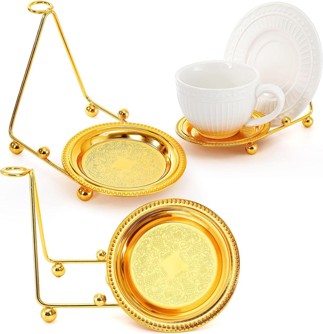 2 Pack Cup and Saucer Display Stand, Gold Teacup Saucer and Spoon Holder with Base, Decorative Plate Storage Rack, Desktop Coffee Mug Organizer for Plates, Bowls, Tablet, Art