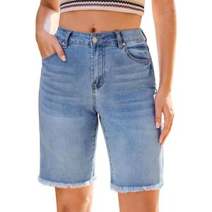 luvamia Jean Bermuda Shorts for Women Trendy Mid Rise Raw Hem Knee Length Stretchy Denim Long Shorts Summer Casual Jorts (Large, Bay Blue)
