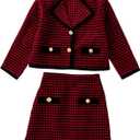 WDIRARA Girl's 2 Piece Houndstooth Outfits Tweed Jacket and Skirt Set Tea Party Suits (Red, M)