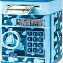 ATM Piggy Bank for Boys Girls, Vcertcpl Mini ATM Coin Bank Money Saving Box with Password, Kids Safe Money Jar for Adults with Auto Grab Bill Slot, Great Gift Toy Bank for Kids (Camouflage Light Blue)