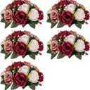 Nuptio Artificial Flower Centrepieces for Tables - 5 Pcs Burgundy & Dusty Rose & Creamy White Fake Flowers Roses Balls 9.5in Diam - Silk Faux Rose Arrangement for Wedding Party Centerpiece Table Decor