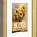 9x12 Picture Frame for 6x8 Photo with White Mat, HD Real Glass 9x12 Vintage Photo Frame with Gold Green Texture Border Horizontal & Vertical Display for Tabletop or Wall Decor (1 Pack)