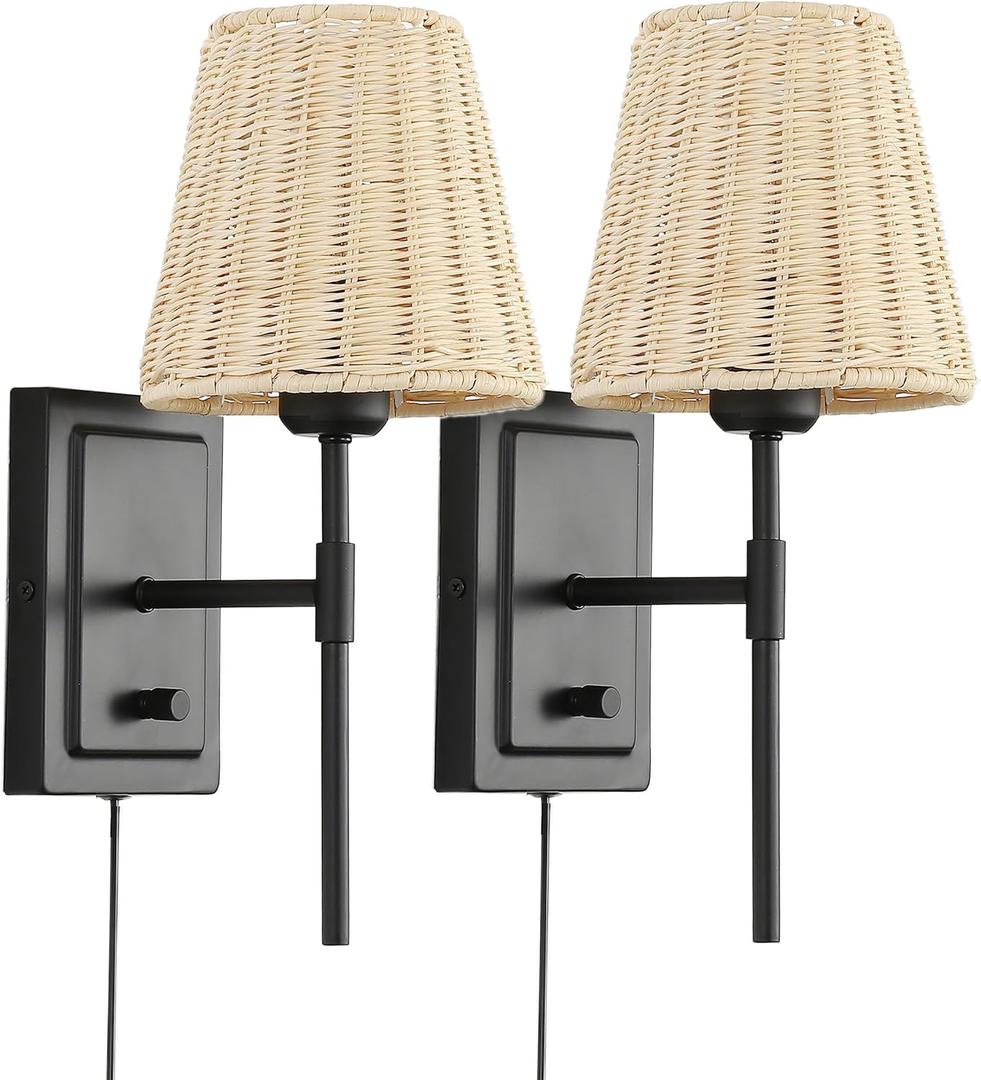 WINGBO Wall Sconce Rattan Wrapped Wall Lamp Set of 2, Wall Light Fixture Vintage Bedside Light Wicker Handmade Shade Reading Light Plug in or Hardwire Black