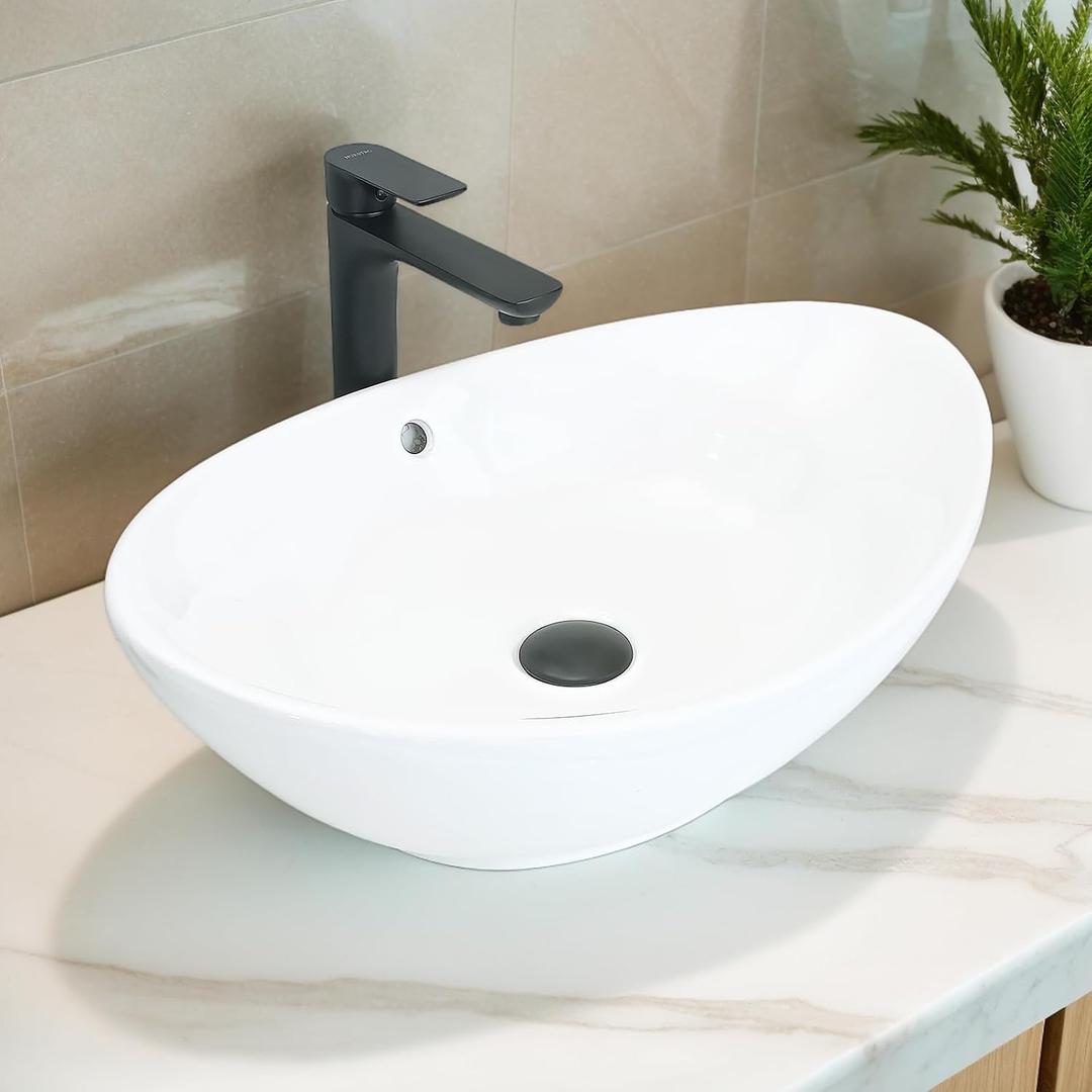 NUESTRA VIDA 23x15.2x7.7 inch Bathroom Vessel Sink, Modern Egg Shape Vanity Sink Above Counter Art Basin with Overflow, Oval Vessel Sink Bowl for Vanity Surface Mounted, Glossy White