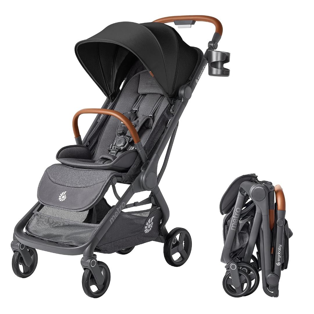 Ergobaby Metro 3 Deluxe Baby Stroller for Newborns, Infants, and Toddlers - Travel Stroller with One-Hand Fold, Near-Flat Recline, Adjustable Handlebar - Jet Black