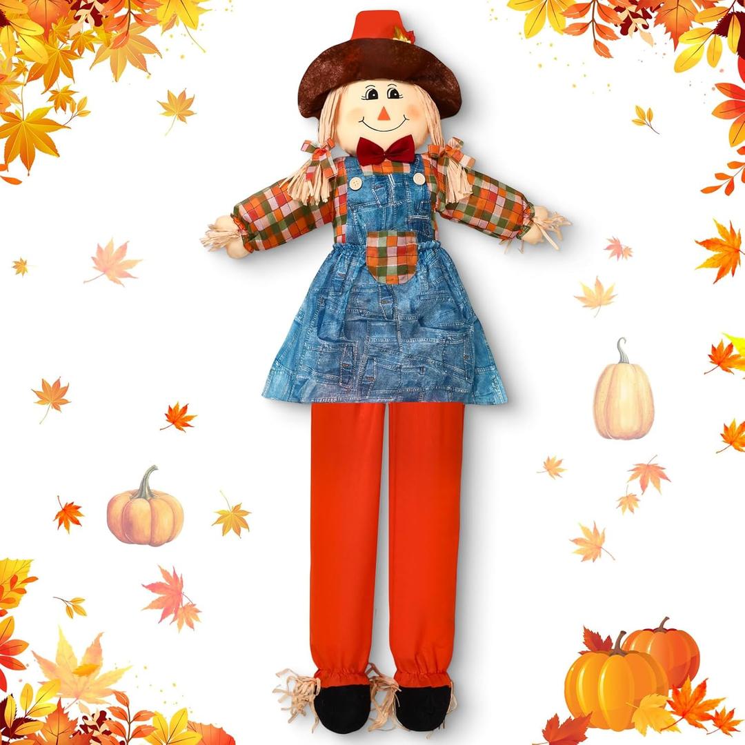 Marsui 1 Pcs 59" Large Outdoor Scarecrow Fall Harvest Thanksgiving Halloween Decoration, Life Size Standing or Sitting Scarecrow Outside Decor for Autumn Garden Yard Porch (Girl)