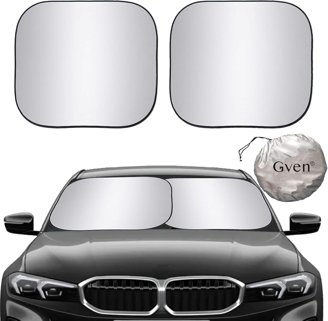 Gven Windshield Sun Shade 2pcs with Bonus Car Sunshade for Front Window Shades 2025 Technology Reflect UV and Heat Sun Visor Automotive Interior Sun Protection (Silver, S)