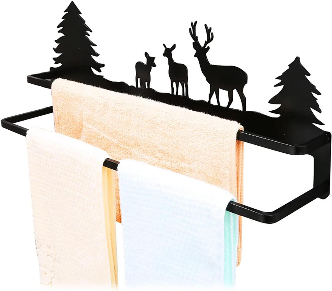 CuteHook Double Towel Bar Wall Mounted with Cute Deer Pattern Easy Installation Organizer for Towel Bathroom Hotel Bath Towel Shelf Towel Rack No Rust Matte Black Finish Decorative Hooks