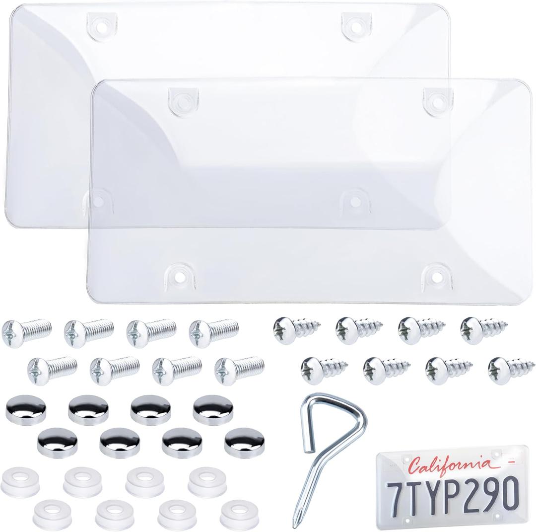 2 PCS Clear License Plate Covers, Unbreakable Novelty Licenses Plate Protect, License Plates Frame for Car Tag, Front and Back with Screws Caps