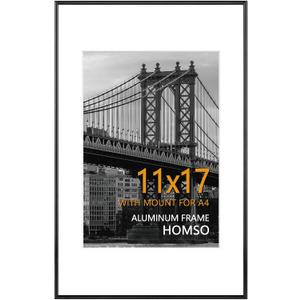 Homso 11x17 Picture Poster Metal Black Frame, Display Pictures 8.3x11.7 Inch with Mat or 11x17 Inch Without Mat, Thin Edge with Acrylic Plexiglass for Wall Mounting