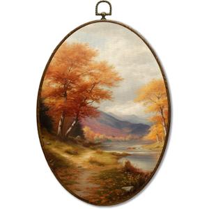 JQF Vintage Fall Oval Wall Art, Rustic Autumn Mountain Landscape Forest Oval Canvas Wall Art, Retro Moody Fall Framed Prints Hanging Decor for Home Bedroom Living Room, 8.5x11.5 Inch