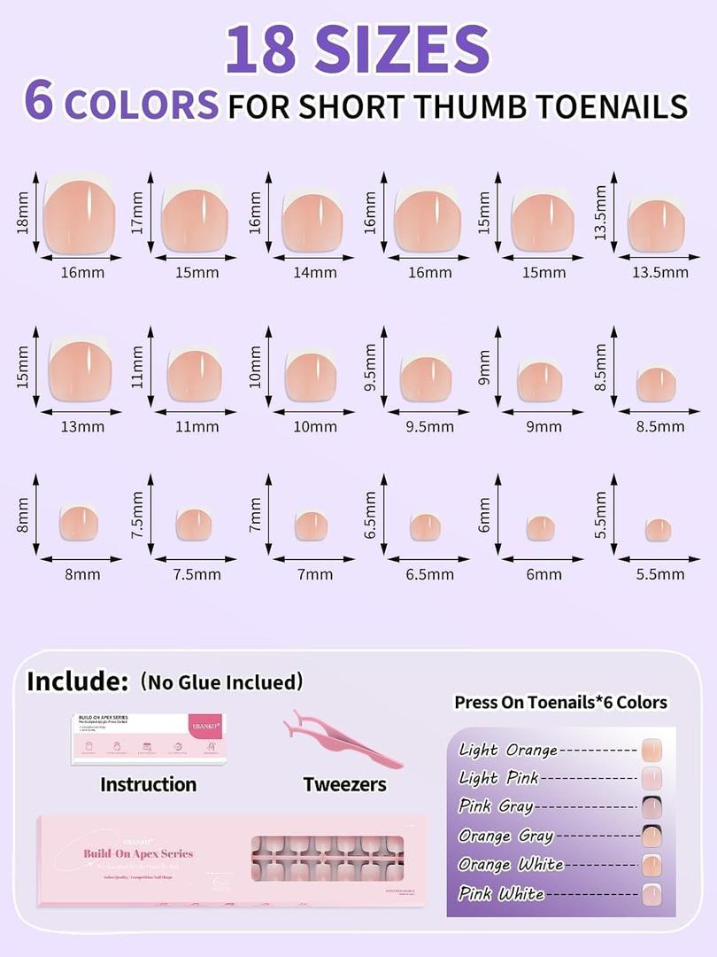 EBANKU Press On Toenails Short, 216 Pcs French Toe Nail Tips Square False Toenails 18 Sizes Nude Pink Press On Nails Full Cover Nail Tips for Nails DIY Salon Home
