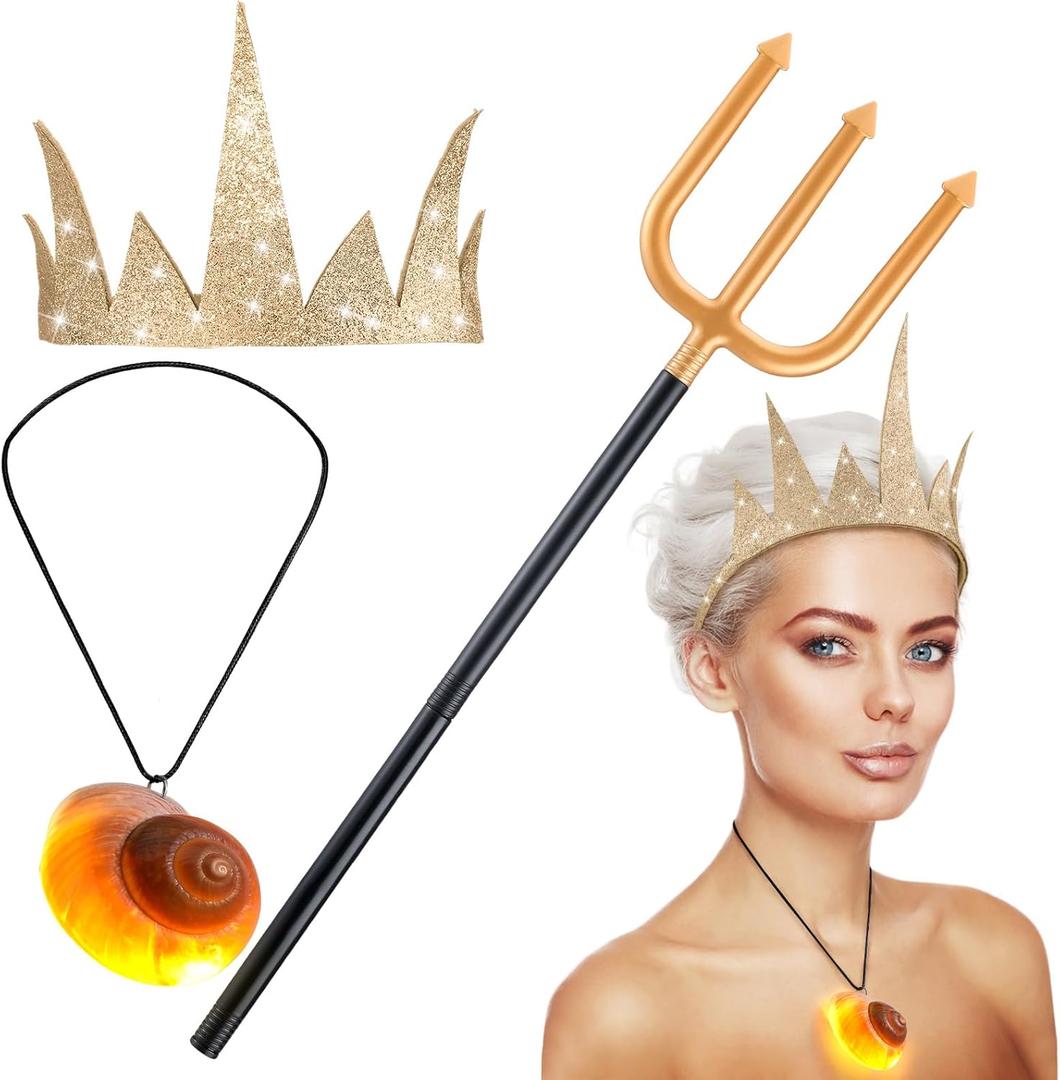 Nosiny 3 Pcs Halloween Costumes Accessories Set for Women Glitter Golden Crown and Sea Witch Trident Prop and Mermaid Light up Pendant Necklace
