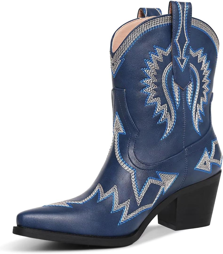 Western Boots for Women Metallic Embroidered Pointed Toe Cowgirl Boots Chunky Heel Pull-On Short Cowboy Boots Wide Calf Country Ankle Boots (Size 9)