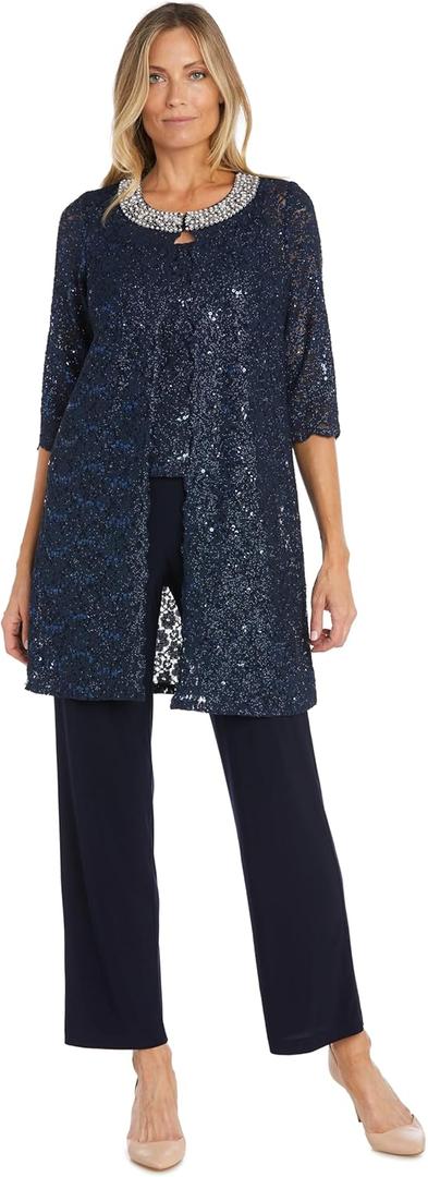 R&M Richards Women's Elegant 3-Piece Pant Set W/ ¾ Sleeves Scalloped Edge Sequin Lace Jacket & Matching Tank
