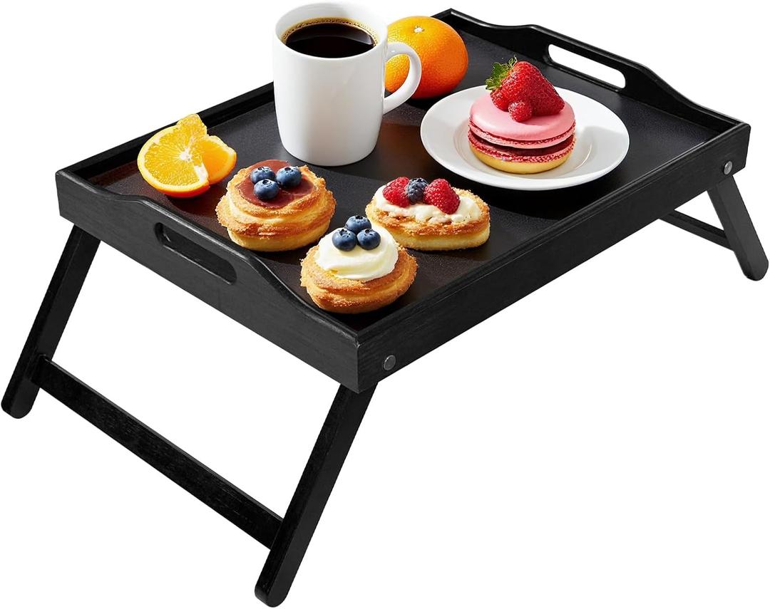 Bamboo Bed Tray Table with Foldable Legs & Handles - Portable Breakfast Table, Serving Eating Working & Laptop Desk for Bed and Sofa - Black