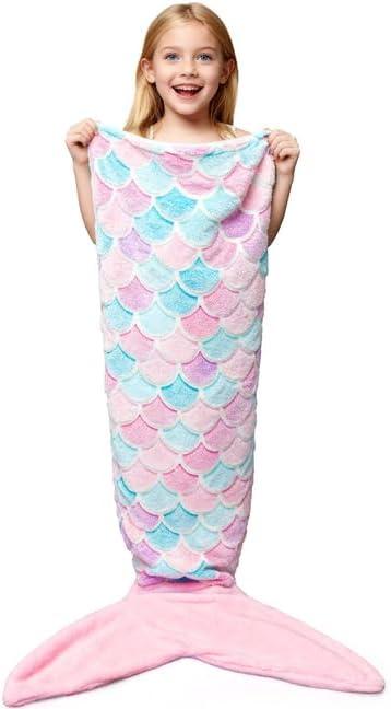 WERNNSAI Mermaid Tail Blanket - Wearable Mermaid Glow in the Dark Blanket for Girls, Toddler Soft Flannel Snuggle Throw Sleeping Bag for Kids Birthday (43.3 x 15.7)