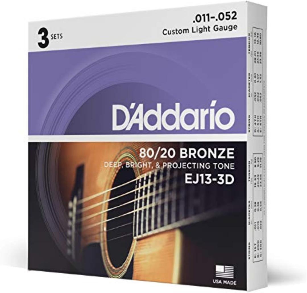 D'Addario Acoustic Guitar Strings, 80/20 Bronze, EJ13-3D, Custom Light Gauge 11-52, 6-String Set, Pack of 3