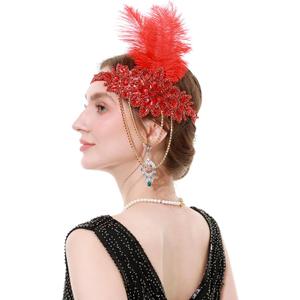 Rulala Fancy Feather Headpiece 1920s Flapper Headband Bling Rhinestone Great Gatsby Headwear Accessories for Women (Red)