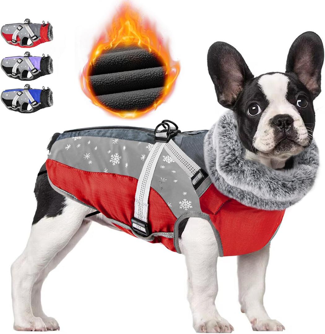 SlowTon Dog Jacket with Harness Built in - Waterproof Fleece Winter Warm Dog Coats for Small Medium Dogs, Reflective Adjustable Furry Puppy Vest Clothes for Outdoor Walking (Red & Black,M) (Medium (Chest 18.0"-21.0"))