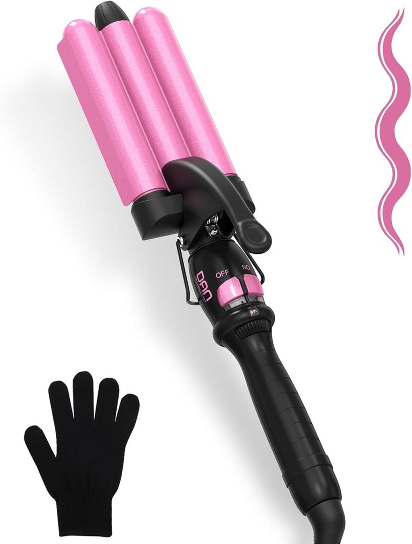 Three Barrel Curling Iron 7/8 Inch (22mm), 7 Heat Settings 180-430F, Ceramic Triple Hair Waver for Beach Waves, Dual Voltage 110-240V, Auto Shut-Off, Glove Included, Pink