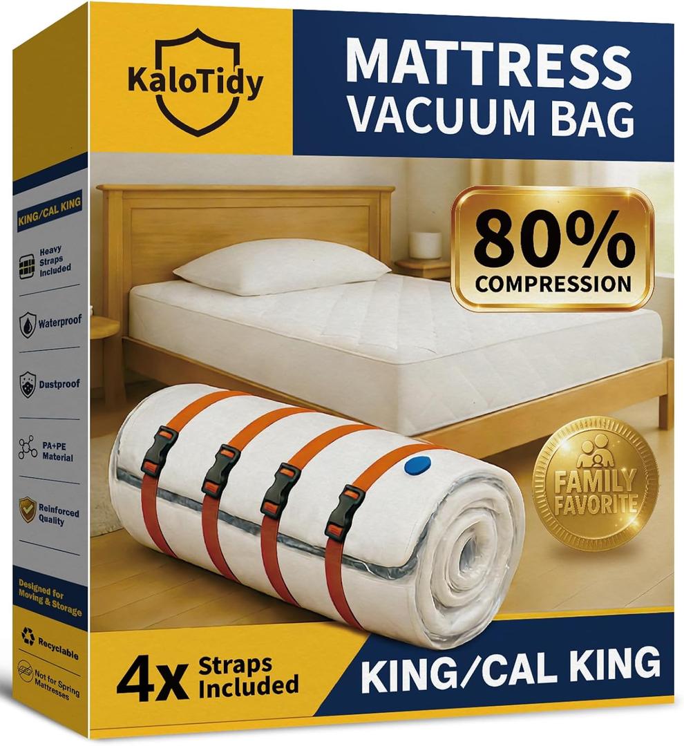 Memory Foam Mattress Vacuum Bag, Heavy-Duty Mattress Storage Bag for Moving and Transport, Mattress Compression Bag with Straps & Dual-Zip Seal (Orange Straps, King/Cal-King)