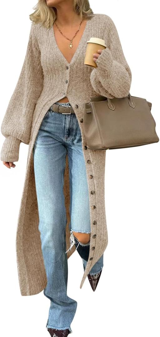 Saodimallsu Womens Long Cardigans V Neck Button Down Chunky Knit Dusters Sweater Coat Fall Trendy Maxi Sweater Dress (Small, Apricot)