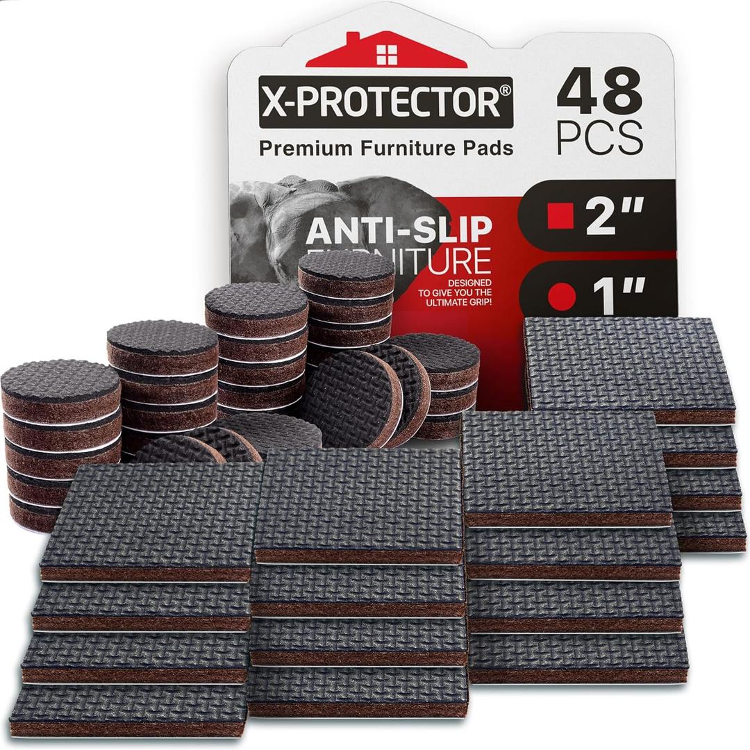Non Slip Furniture Pads X-PROTECTOR 48 PCS - 32 pcs 1 Round + 16 pcs 2" Square Furniture Grippers! Rubber Feet Hardwood Floor Protectors for Furniture Legs - Couch Stoppers - Keep Furniture in Place!