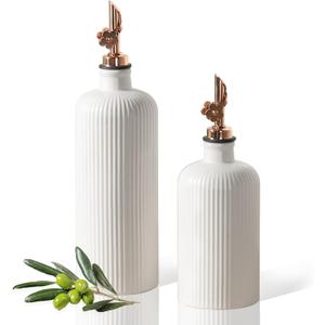 Dizada Olive Oil Dispenser Bottle Set of 2 (22 Oz + 14 Oz) - Porcelain Oil and Vinegar Bottles with Stainless Steel Spout, Ceramic Kitchen Cruet, Dishwasher Safe